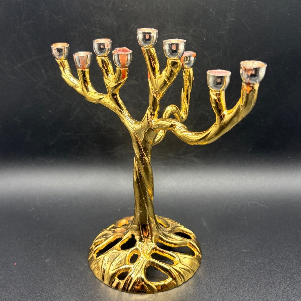 Tree of Life Jerusalem Gold & Silver Tn Metal Candelabra Menorah Candle Holder - Picture 5 of 14